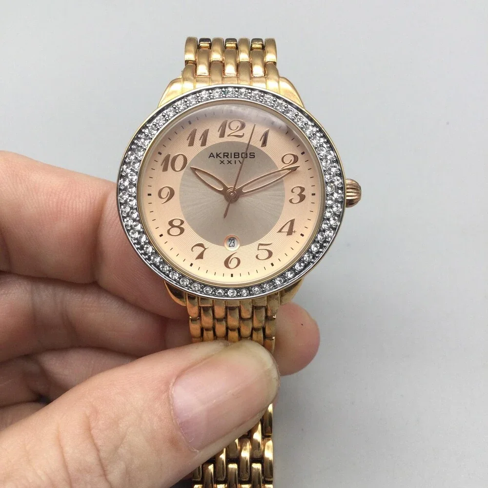 Akribos XXIV Womens Watch 33mm Gold Tone Crystals Date New Battery 7.5